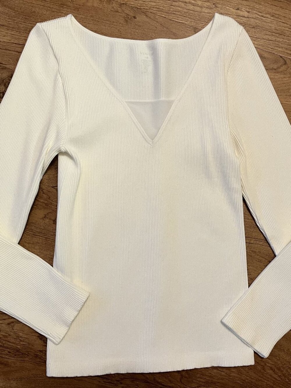 Venus White Ribbed Long Sleeve Women's Shirt Top w/ Sheer Front Detail